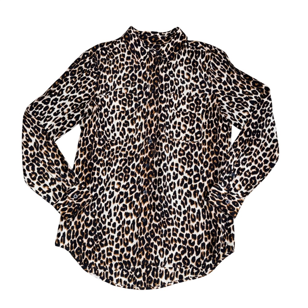 Equipment Silk Blouse Women Medium Leopard Print Excellent Animal Button Down